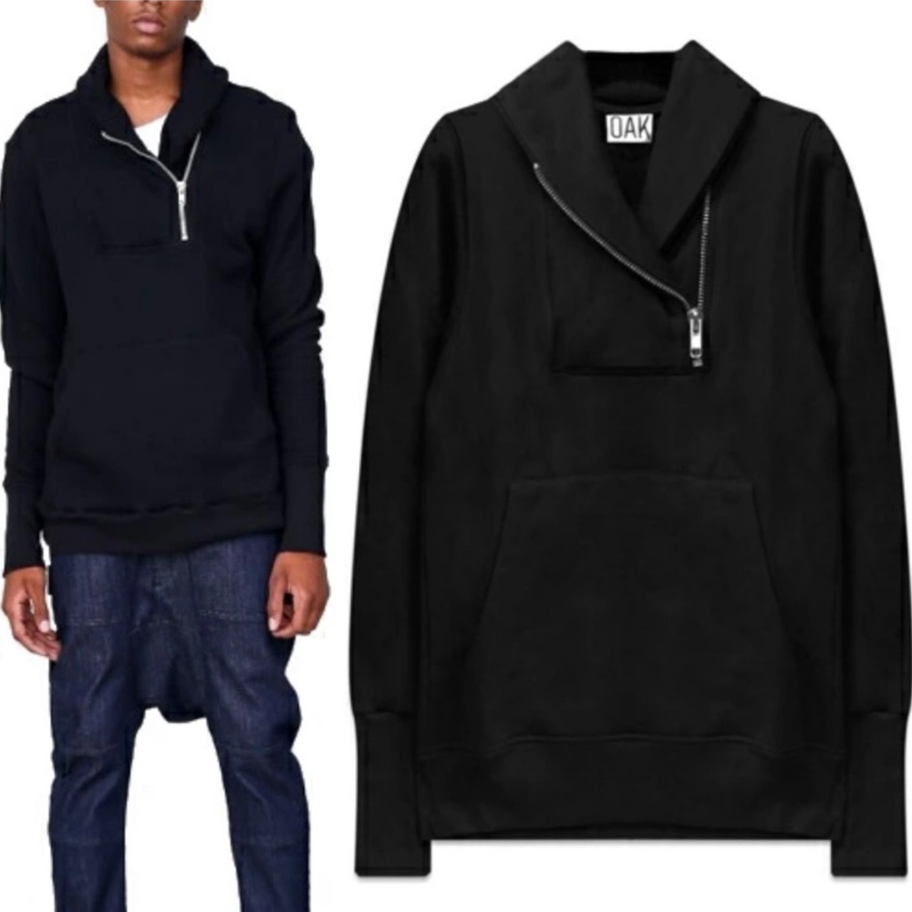 OAK NYC Shawl Collar Zip Pullover Sweatshirt in Black size Small